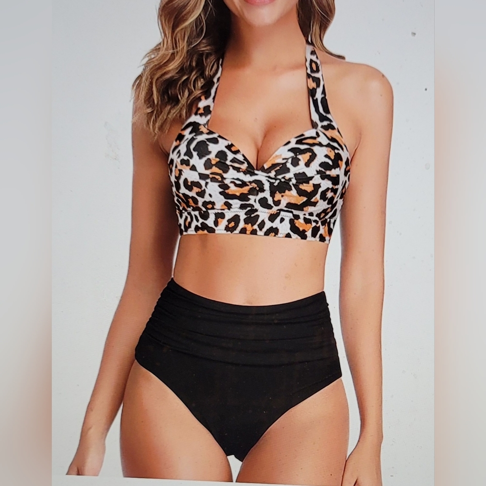 NWT SEXY MOLDED CUPS TIE BACK HALTER HIGH WAISTED SLIMMING SWIM BATHING SUIT - Picture 2 of 12